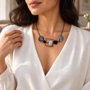 Black Geometric Statement Necklace, Lightweight Abstract Art Jewelry image 7