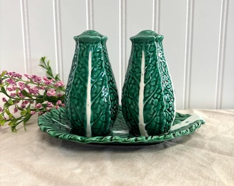 Vintage Portuguese Majolica Style Cabbage Ware Salt & Pepper Shakers Set