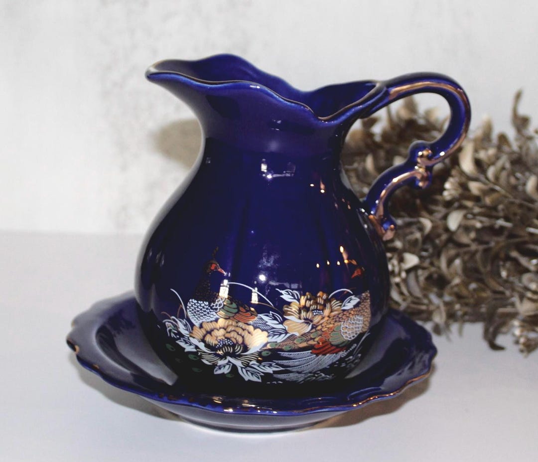 Vintage Cobalt Blue Pitcher and Basin With Pheasants/peacock Design - Etsy