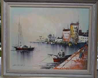 Original Vintage Framed Harbor; Coastal Scene Oil Painting