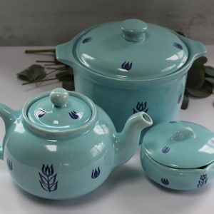 Vintage Cronin Pottery Blue Tulip Stoneware: Bean Pot, Teapot & Soup Pot