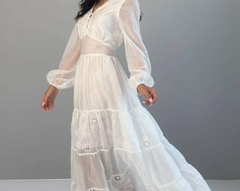 Vestido longo branco de renda de algodão, roupa de casamento boho, vestido maxi estilo campestre, vestido estilo vintage