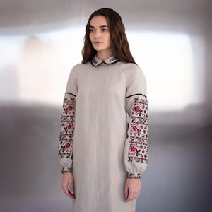 Beige linen embroidered dress, Floral embroidery dress, Vyshyvanka, Traditional Ukrainian dress, Boho dress, Ethnic clothing, Vintage style