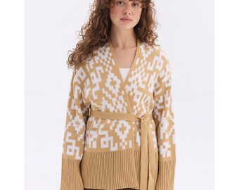 Beige knitted cardigan with white ornament in Ukrainian style, Ethnic sweater, Made in Ukraine