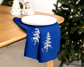 Guardanapos de linho azul com bordado de árvore de Natal, Guardanapos de Natal bordados