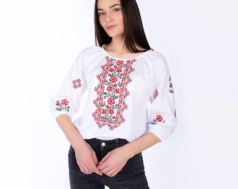 Vyshyvanka, White embroidered shirt with red black embroidery, Cotton blouse, Ukrainian blouse, Modern blouse, Boho blouse, Bohemian blouse