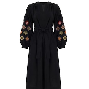 Black cotton embroidered dress, Beige dress, Embroidery Vyshyvanka, Ukrainian embroidered dress, Boho dress, Ethnic clothing, Modern dress