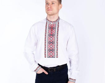 Chemise en coton blanc avec broderie rouge, Vyshyvanka pour homme, chemise brodée ukrainienne pour homme, chemise folklorique, sorochka ethnique, chemise moderne