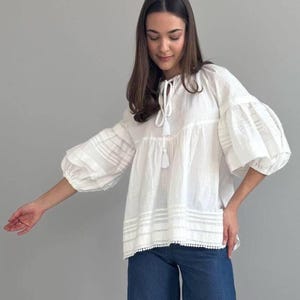 Cotton peasant blouse, Blouse short puff sleeve, Renaissance blouse, Pirate blouse, Loose fit chemise, Ruffle shirt, Bishop sleeves blouse