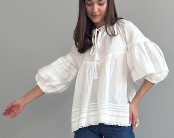 Katoenen boerenblouse, blouse met korte pofmouwen, renaissanceblouse, piratenblouse, losvallende hemd, shirt met ruches, blouse met bisschopsmouwen