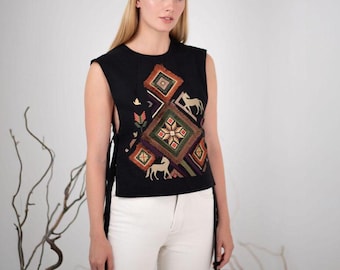 Black embroidered vest, Ukrainian vest, Colourful embroidery, Bohemian vest, Waistcoat, Folk vest, Kiptar, Ethnic clothing, Modern vest