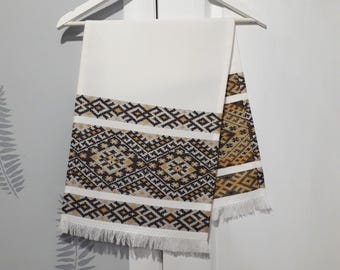 Rushnyk ucraniano com ornamento marrom e bege, Rushnyk bordado, Rushnyk de casamento, Rushnyk tradicional, Rushnyk tecido, Toalha artesanal