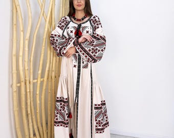 Biała lniana haftowana sukienka, ukraińska suknia ślubna, wyszywanka, tradycyjna sukienka, sukienka boho, odzież etniczna, stary styl, zamówienie niestandardowe