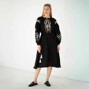 Black embroidered linen dress, Vyshyvanka dress, Wheat ears, Traditional Ukrainian dress, Boho dress, Ethnic dress, Made in Ukraine