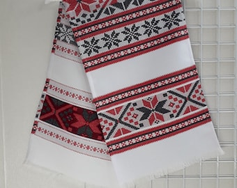 Ukrainian rushnyk with red and black woven embroidery, Traditional wedding towel, Handmade towel