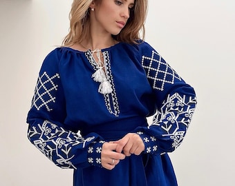 Blue linen embroidered dress, Embroidery Vyshyvanka, Traditional Ukrainian dress, Boho dress, Ethnic clothing, Custom tailoring dress