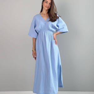 Blue cotton boho dress, Bohemian summer dress, Muslin dress, Comfortable dress, Cute dress, Basic dress, Festival dress, Made in Ukraine