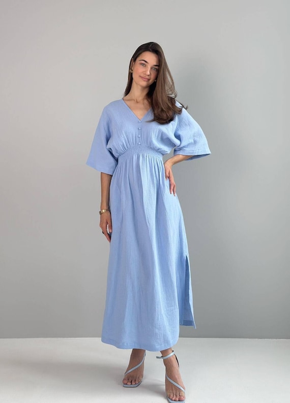 cute boho summer dresses Blue cotton dress, Bohemian dress, Muslin dress, Comfortable dress, dress, Basic dress, Festival dress, Made in Ukraine Color:Soft Champagne Bouquet ready look SS2023 Women Black and Burgundy
