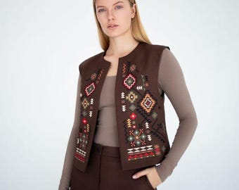 Brown embroidered vest, Ukrainian vest, Colourful embroidery, Bohemian vest, Waistcoat, Folk vest, Kiptar, Ethnic clothing, Modern vest