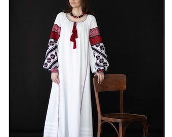 Biała lniana haftowana sukienka, ukraińska suknia ślubna, wyszywanka, tradycyjna sukienka, sukienka boho, odzież etniczna, stary styl, zamówienie niestandardowe