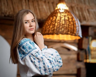 Linen Vyshyvanka, Ukrainian blouse, Embroidered linen blouse, White blouse with blue embroidery, Modern blouse, Folk blouse, Made in Ukraine