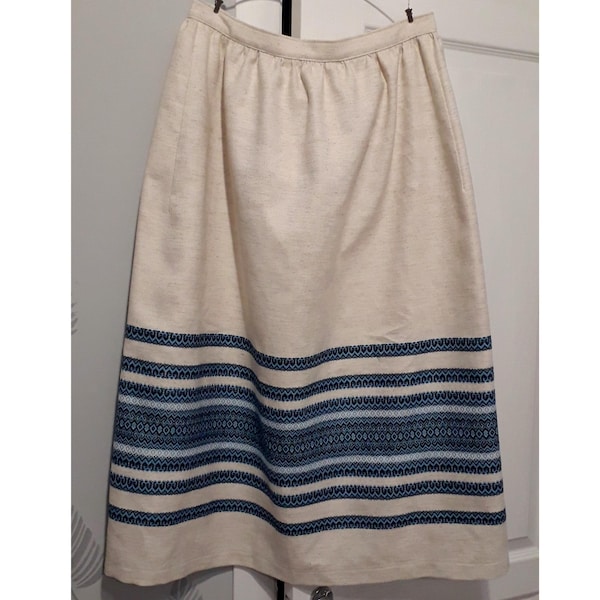 Linen skirt, Skirt blue ornament, Beige folk skirt, Ethnic skirt, Traditional skirt, Ukrainian skirt woven ornament, High waisted skirt