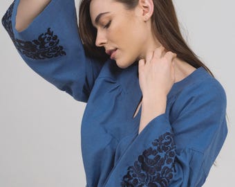 Blue dress with embroidered ornament, Cotton embroidered dress, Embroidery Vyshyvanka, Ukrainian embroidery dress, Boho dress, Ethnic dress