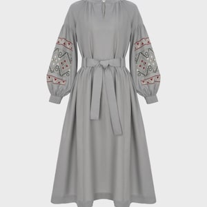 Gray cotton embroidered dress, Milky dress, Embroidery Vyshyvanka, Ukrainian embroidered dress, Boho dress, Ethnic clothing, Сomfortable