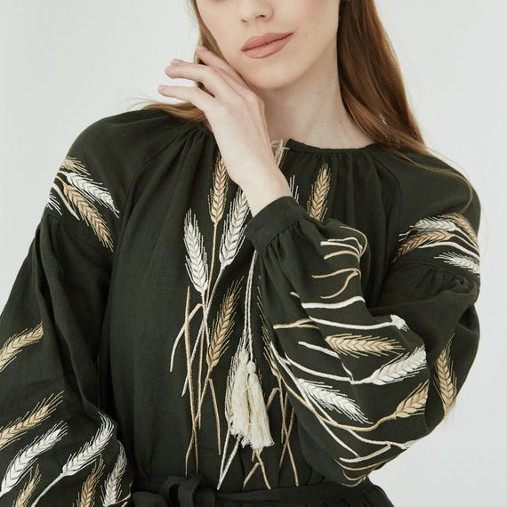 Green embroidered linen dress, Khaki dress, Vyshyvanka, Wheat ears, Traditional Ukrainian dress, Boho dress, Ethnic dress, Made in Ukraine Green embroidered linen dress, Khaki dress, Vyshyvanka, Wheat ears, Traditional Ukrainian dress, Boho dress, Ethnic dress, Made in Ukraine