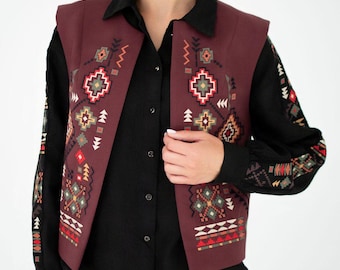 Burgundy embroidered vest, Ukrainian vest, Colourful embroidery, Bohemian vest, Waistcoat, Folk vest, Kiptar, Ethnic clothing, Modern vest