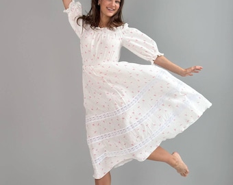 Off-shoulder dress, Cotton boho dress, Floral dress, Country dress, Bohemian summer dress, Cute dress, Muslin dress, Comfy dress, Lace dress