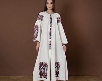 Vestido ucraniano bordado, vestido de algodão e cânhamo, Vyshyvanka, roupa étnica, bordado de vestido boho