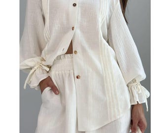 Women's linen suit, Shirt and shorts set, Summer oversize outfit, Rustic clothing style