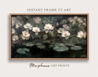 May include: A painting of white flowers with green leaves and water lilies in a pond. The background is dark green and the flowers are in the foreground.
