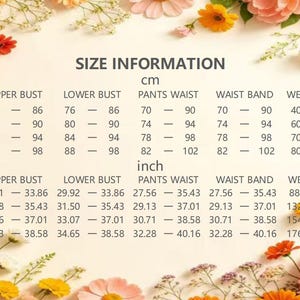 May include: Size information chart in centimeters and inches. The chart includes measurements for upper bust, lower bust, pants waist, waist band, and weight. Sizes range from M to XXL.