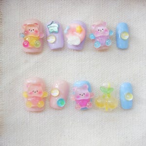 Adorable ours transparent 3D, pression courte sur les ongles, nail art, ongles réutilisables faits main