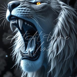 Stampa artistica digitale: leone feroce in bianco e nero, ritratto CGI, decorazione murale moderna e unica, stampa digitale, arte murale