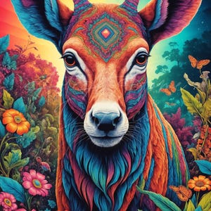 Lebendige psychedelische Hirschkunst, surreale Szene mit bunten Hirschen, Mandalas, Blumen, Sonnenuntergang und Sternenhimmel für die Wand