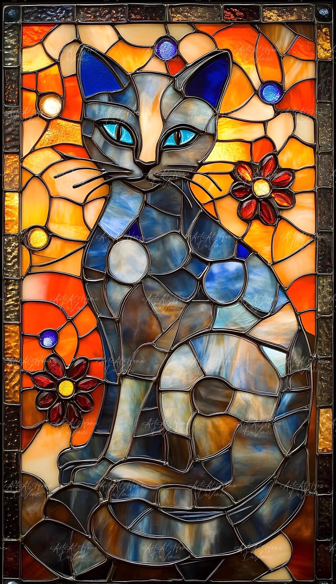 Cat Stained Glass Printable Wall Art, Blue and Orange Colors, Faceted ...