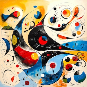 Puede incluir: Pintura abstracta con una paleta de colores vibrantes. La obra presenta una mezcla de formas, incluyendo círculos, líneas y formas orgánicas, en tonos de rojo, amarillo, azul y negro sobre un fondo crema. La composición es dinámica y visualmente atractiva.
