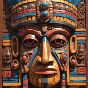 Puede incluir: Un panel de madera tallada que presenta un rostro estilizado con un tocado. La obra de arte está pintada en tonos de marrón, azul, rojo y amarillo. La cara tiene ojos grandes, una nariz prominente y un tocado detallado. El panel es probablemente una pieza decorativa.