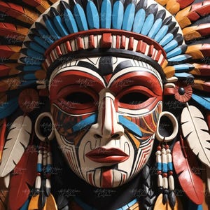 Puede incluir: Una máscara de madera tallada detallada con un tema nativo americano. La máscara presenta un tocado de plumas coloridas en rojo, azul y amarillo. La cara está pintada con patrones geométricos en rojo, negro y blanco, con grandes cuencas oscuras.