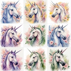 Retratos de Unicornio en Acuarela: Arte Minimalista con Fondo Floral y Colores Pastel para Decoración Infantil y Espacios Mágicos - Clipart