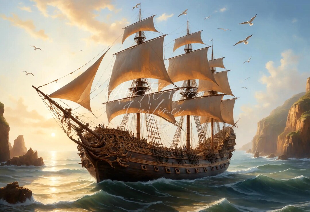 18th Century Galleon Acrylic Art - Colorful Nautical Painting of Ship ...