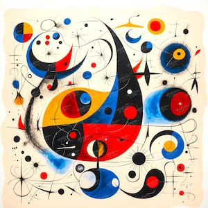 Pintura de surrealismo abstracto, arte abstracto colorido, decorativo con patrones geométricos, estilo Miró - Kandinsky