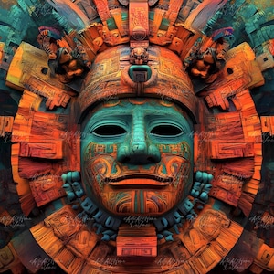 Puede incluir: Obra de arte digital detallada de una antigua máscara azteca. La máscara es turquesa con intrincadas tallas y está rodeada por un tocado y detalles ornamentados en tonos naranja, marrón y azul. La obra de arte tiene una apariencia texturizada, casi tallada.