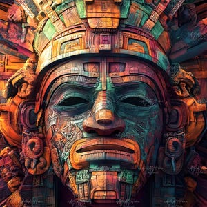 Puede incluir: Obra de arte digital detallada de una máscara antigua estilizada. La máscara presenta intrincadas tallas y está representada en una vibrante paleta de tonos naranja, verde azulado y púrpura. La obra de arte evoca una sensación de historia y significado cultural.