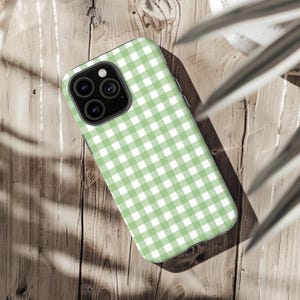 Hellgrün Gingham Telefon Fall Einfügen | iPhone Hülle | Samsung Hülle | Wiederverwendbar, umweltfreundlich, ästhetisch, Salbeigrün, niedlich, Gingham, kariert