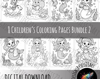Mermaid Coloring Pages Bundle 2 – 8 Printable Mermaid Coloring Sheets PDF PNG Digital Download for Kids Crafts & School