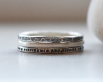 Organic Textured Stacking Rings in Recycled Sterling Silver - Three Ring Set - Contrasting Textures Stackabke Ring Bands - Gift